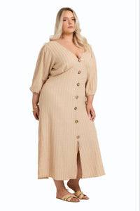 Fashion Szn Curve - Balloon Sleeve Button Front Midi Dress - Plus