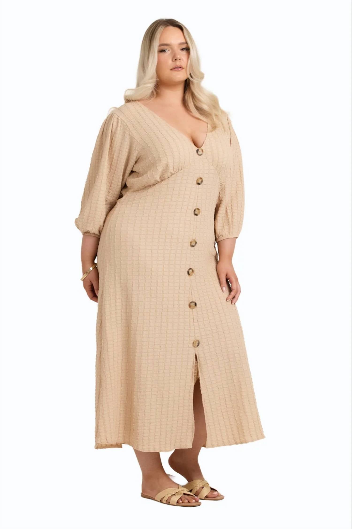 Fashion Szn Curve - Balloon Sleeve Button Front Midi Dress - Plus