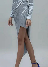 Bsl - Asymmetrical Flair Hem Satin Midi Dress