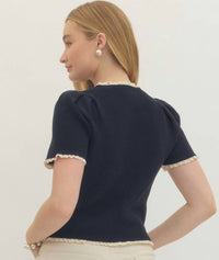 Entro - Solid Short Sleeve Lace Trim Sweater Top