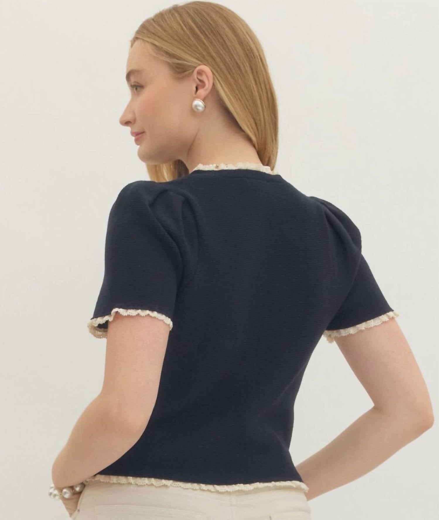 Entro - Solid Short Sleeve Lace Trim Sweater Top