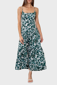 MOON RIVER Tiered Cami Midi Dress in green leaf print - women's dress