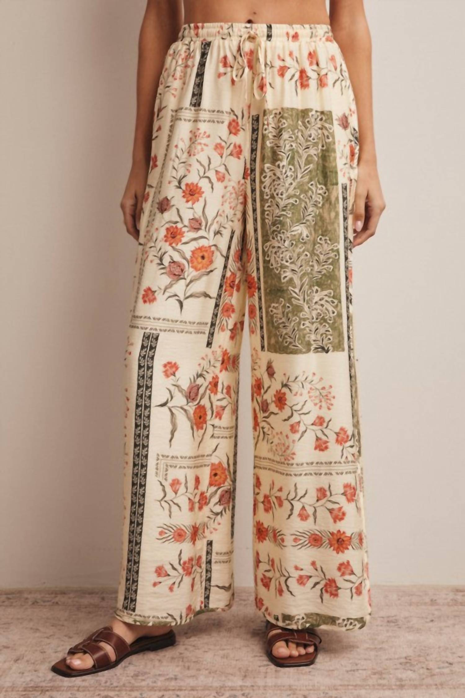 Forte Patchwork Floral Wide-Leg Pants in beige - women's pants
