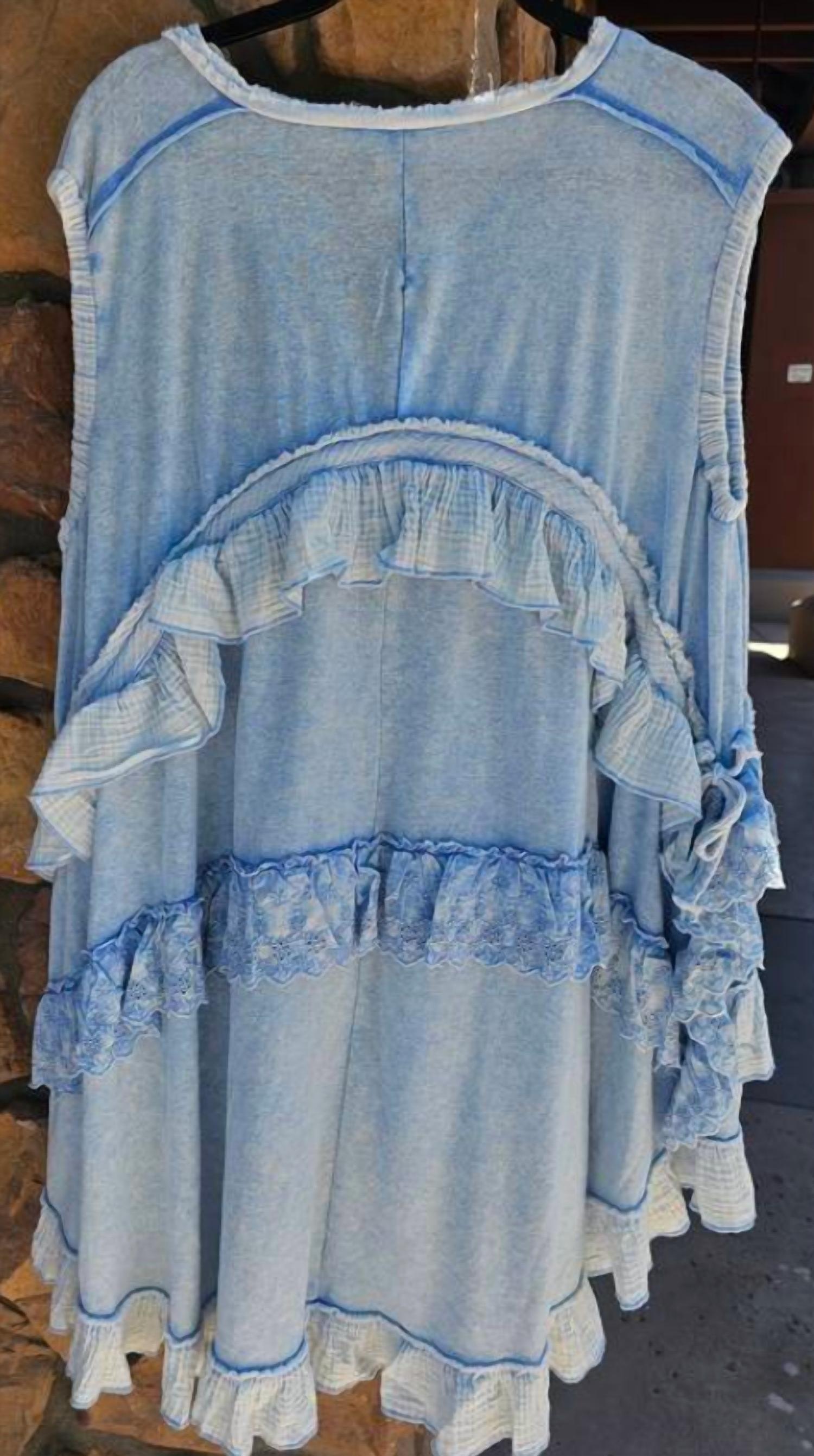 Oli & Hali - Women's Washed Sleeveless Tiered Contrast Ruffle Tunic Top