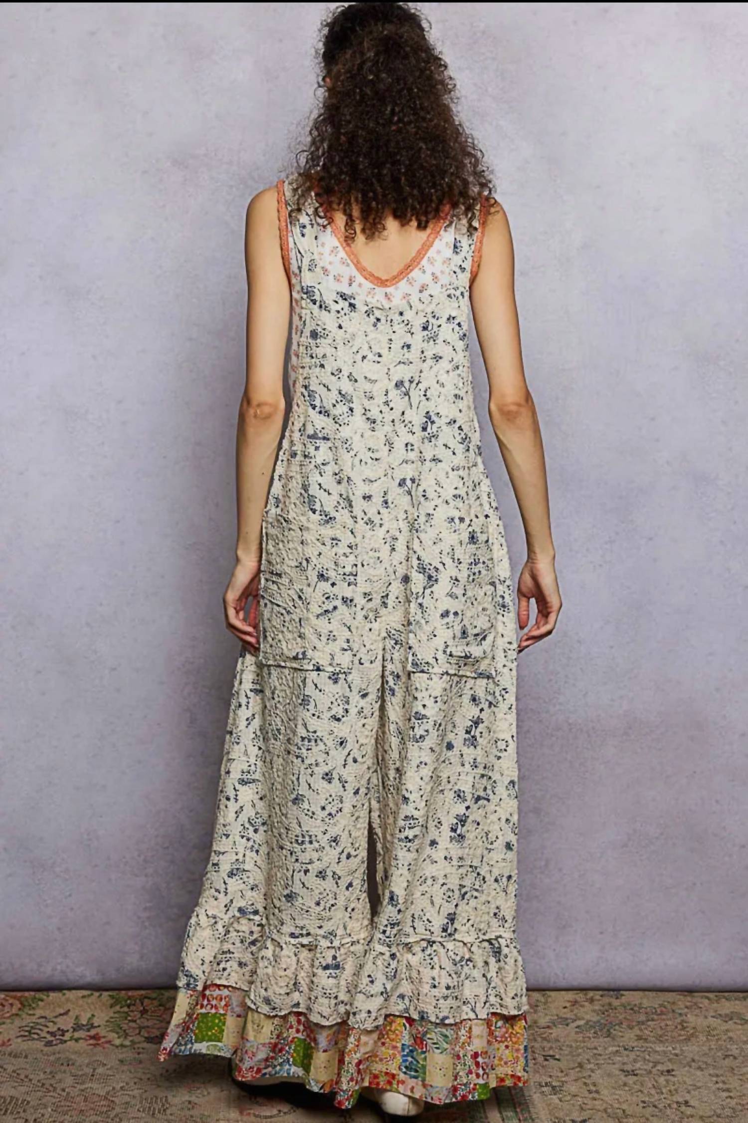 Pol - Sleeveless Embroidered Denim Contrast Ruffle Overalls