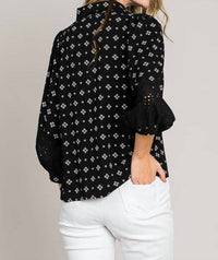 Cerule - Bracelet Sleeve with Embroidered Eyelet Lace Trim Blouse