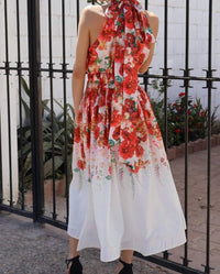 EB Luxe Floral Print Halter Dress in red multi - women's dress - detail view