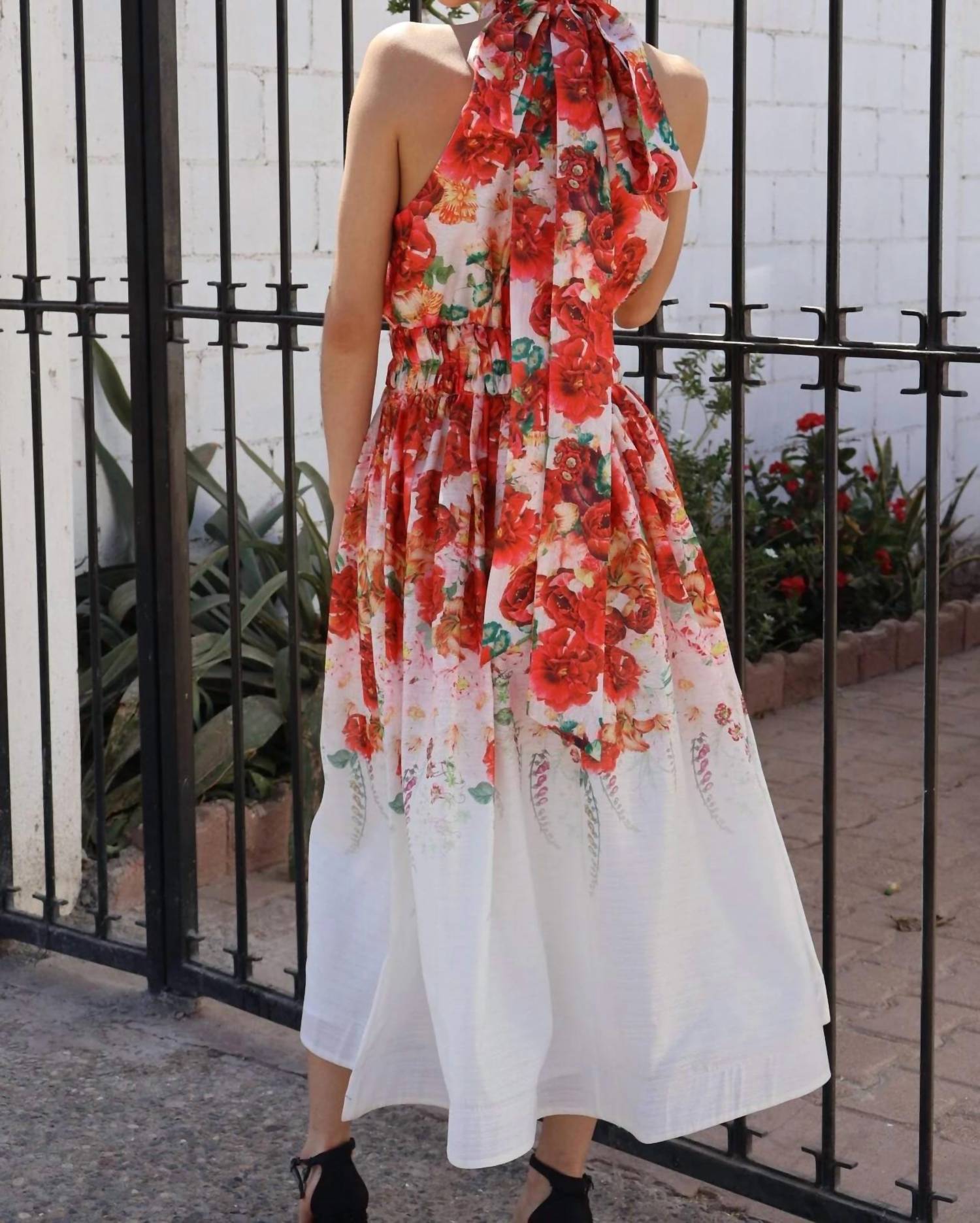 EB Luxe Floral Print Halter Dress in red multi - women's dress - detail view