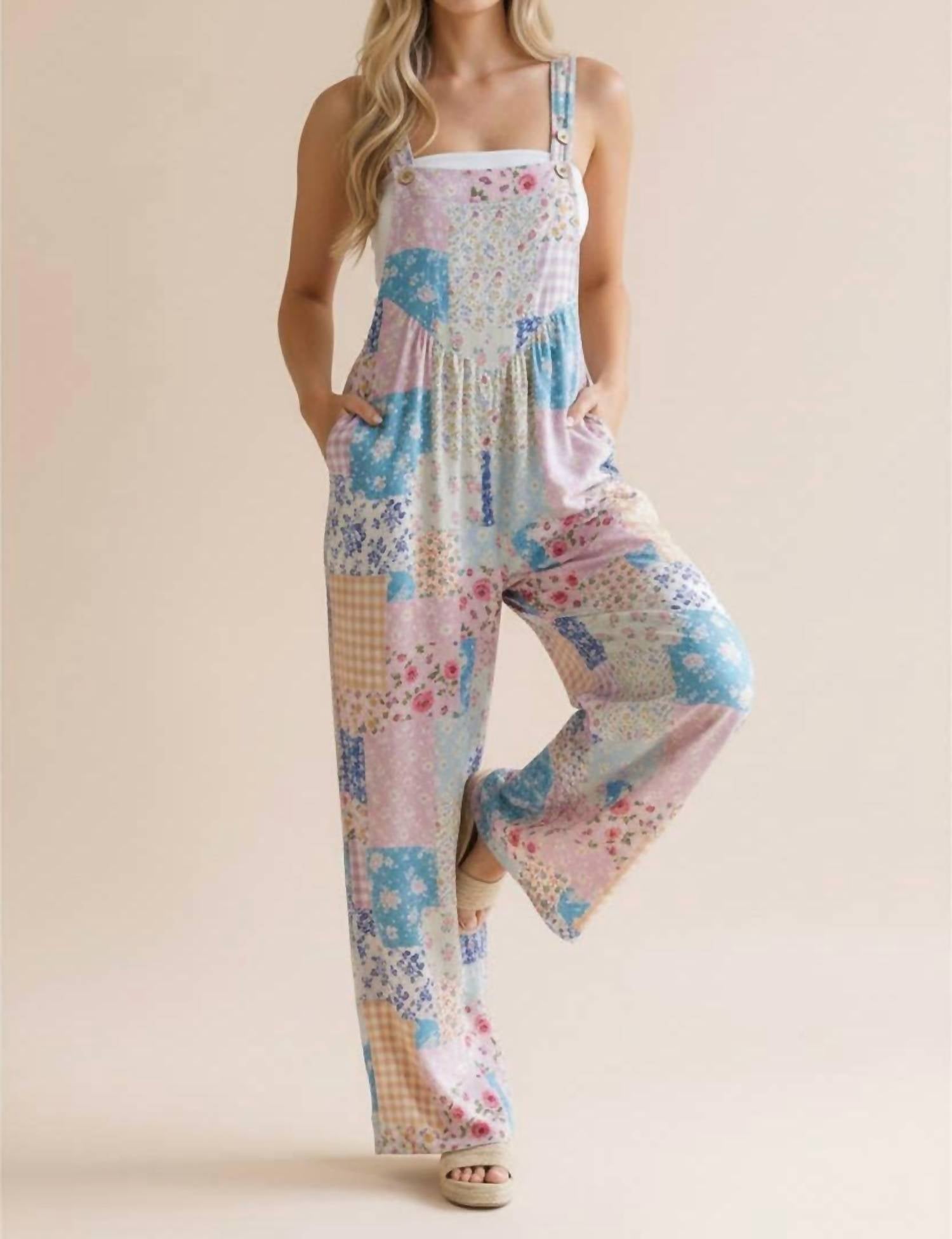 Haptics - Floral Patchwork Wide Leg Bib Jumpsuit - Plus