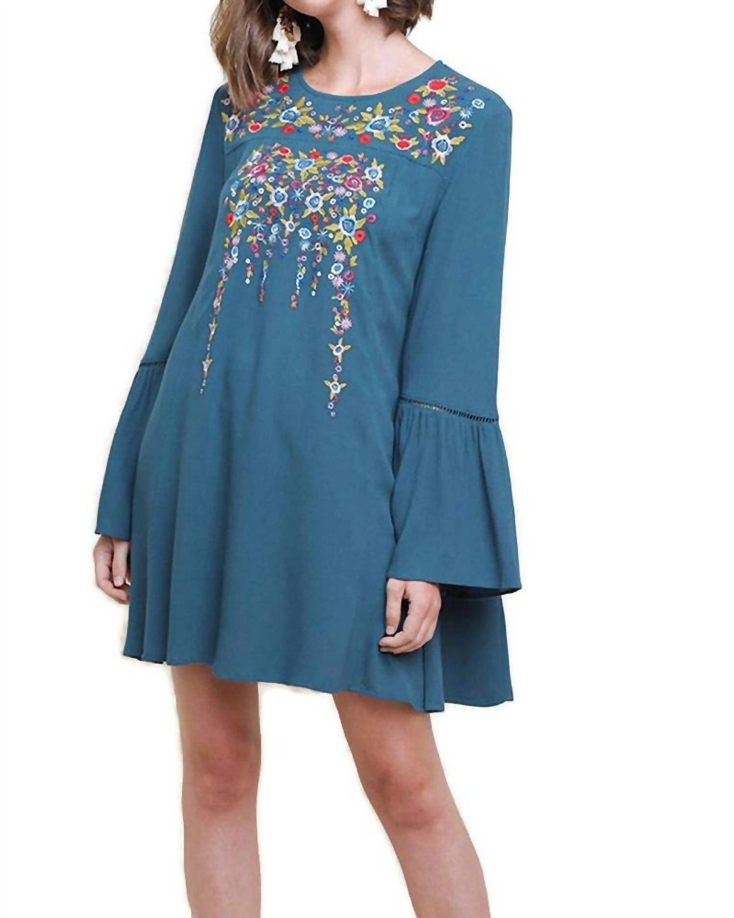 Umgee - Floral Embroidered Bell Sleeve Mini Dress