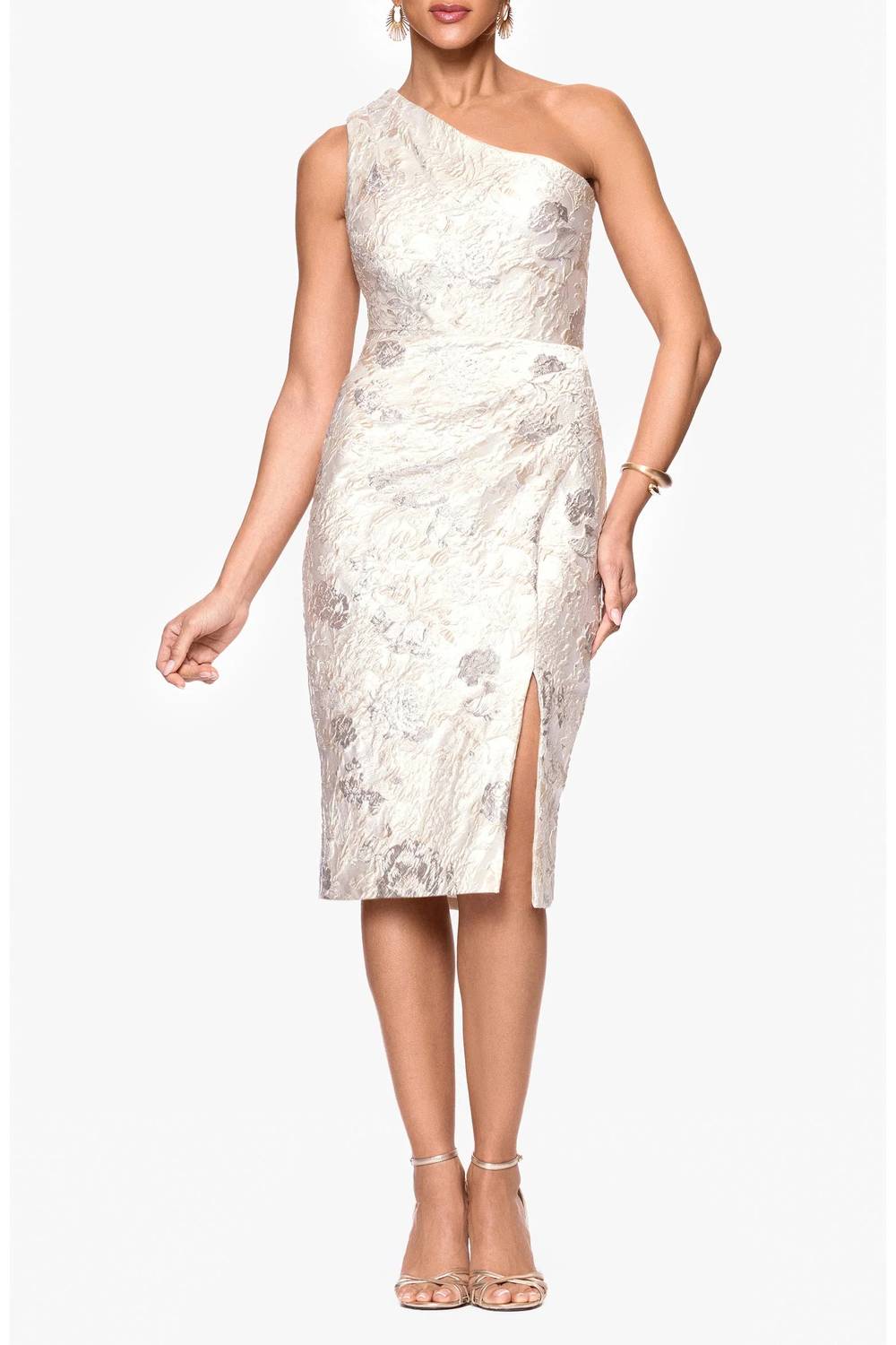 Xscape - Evenings Metallic Floral Jacquard One-shoulder Sheath Cocktail Dress