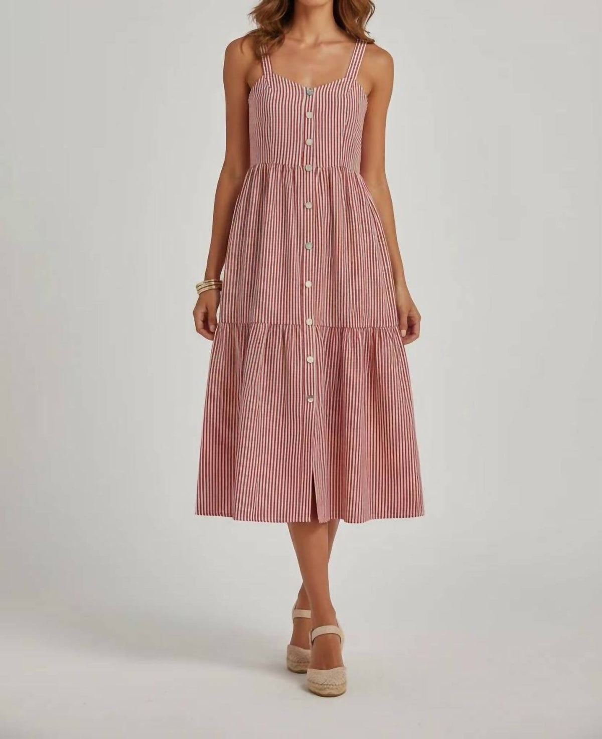 Polagram - Sunny Striped Button Front Tiered Midi Dress