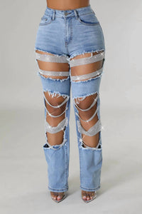 Rosa Clothing - Pearl & Rhinestone Chain Ripped Cut Out Jeans