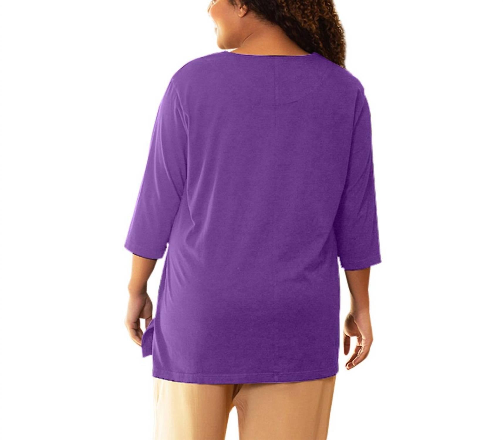 On The Plus Side - Cotton 3/4 Sleeve U-Neck Tee - Plus