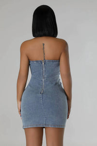 Good Time Usa - Raw Cut Line Trim Strapless Bodycon Denim Dress