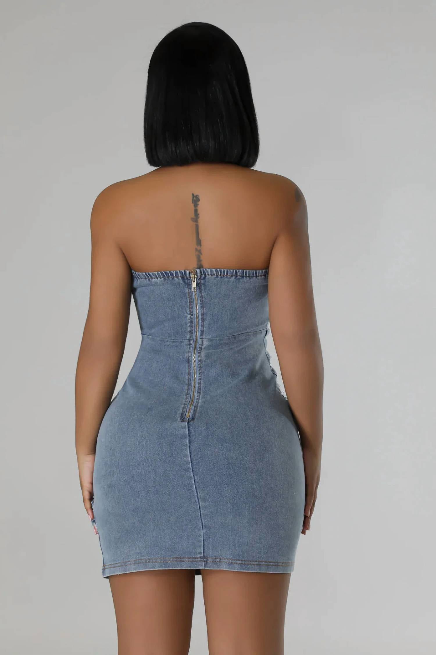 Good Time Usa - Raw Cut Line Trim Strapless Bodycon Denim Dress