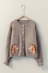 Urban Daizy - Western Horse Graphic Ribbed Trim Crew Neck Cardigan
