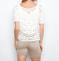 CHARLIE B Short Sleeve Crochet Sweater Top in white - women's sweater - detail view