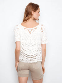 CHARLIE B Short Sleeve Crochet Sweater Top in white - women's sweater - alternate view