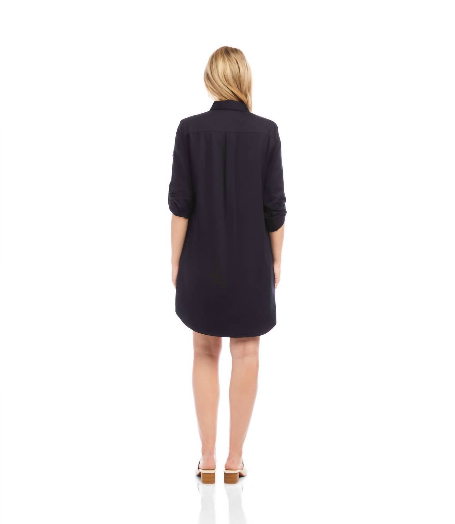 Karen Kane - Petite Size Roll Tab Embroidered Mini Shirtdress