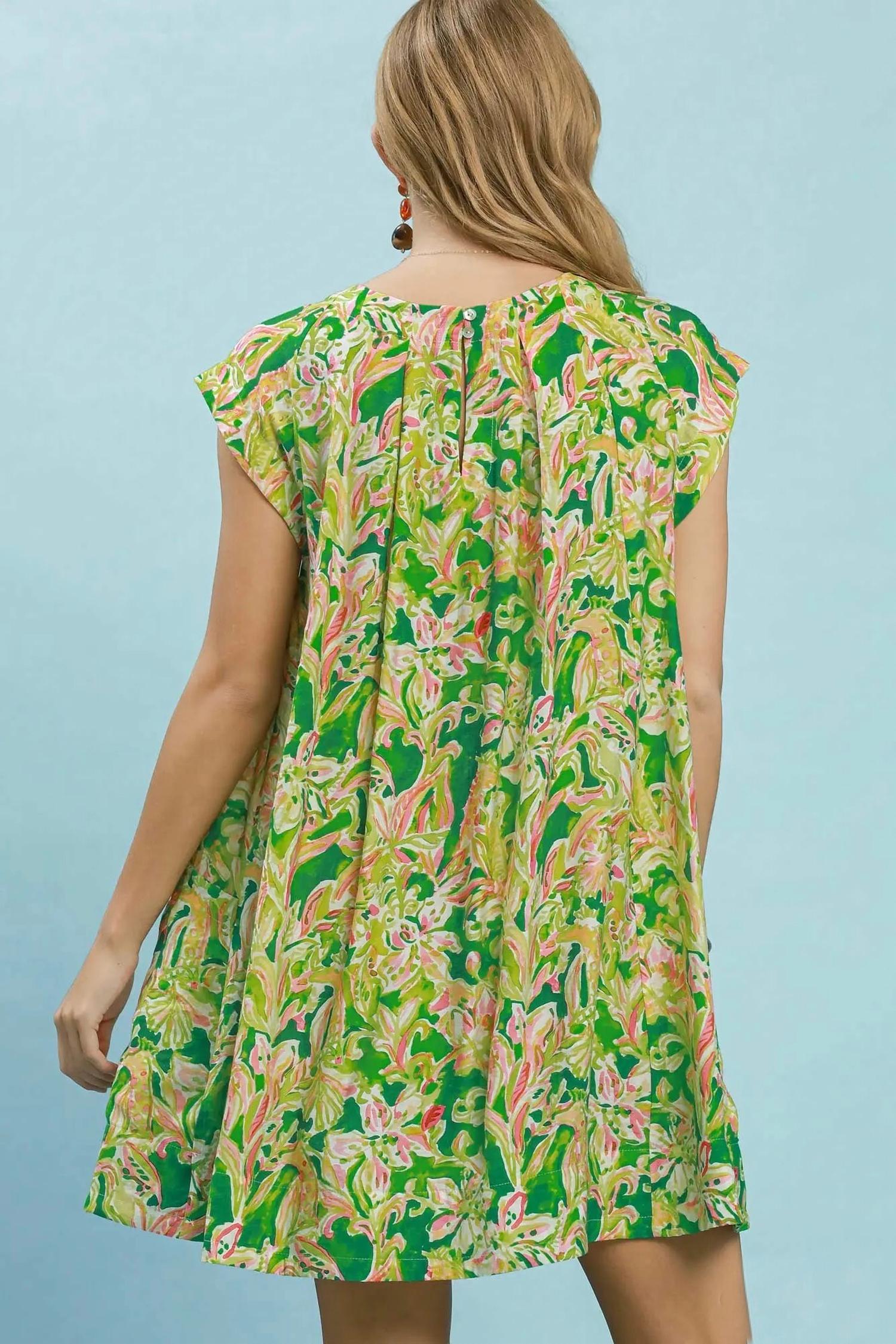 Umgee - Tropical Floral Flutter Sleeve Swing Dress