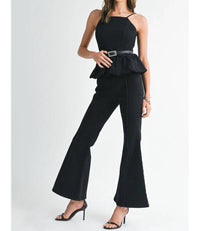Endless Blu. - Rhinestone Belted Boot Cut Romper