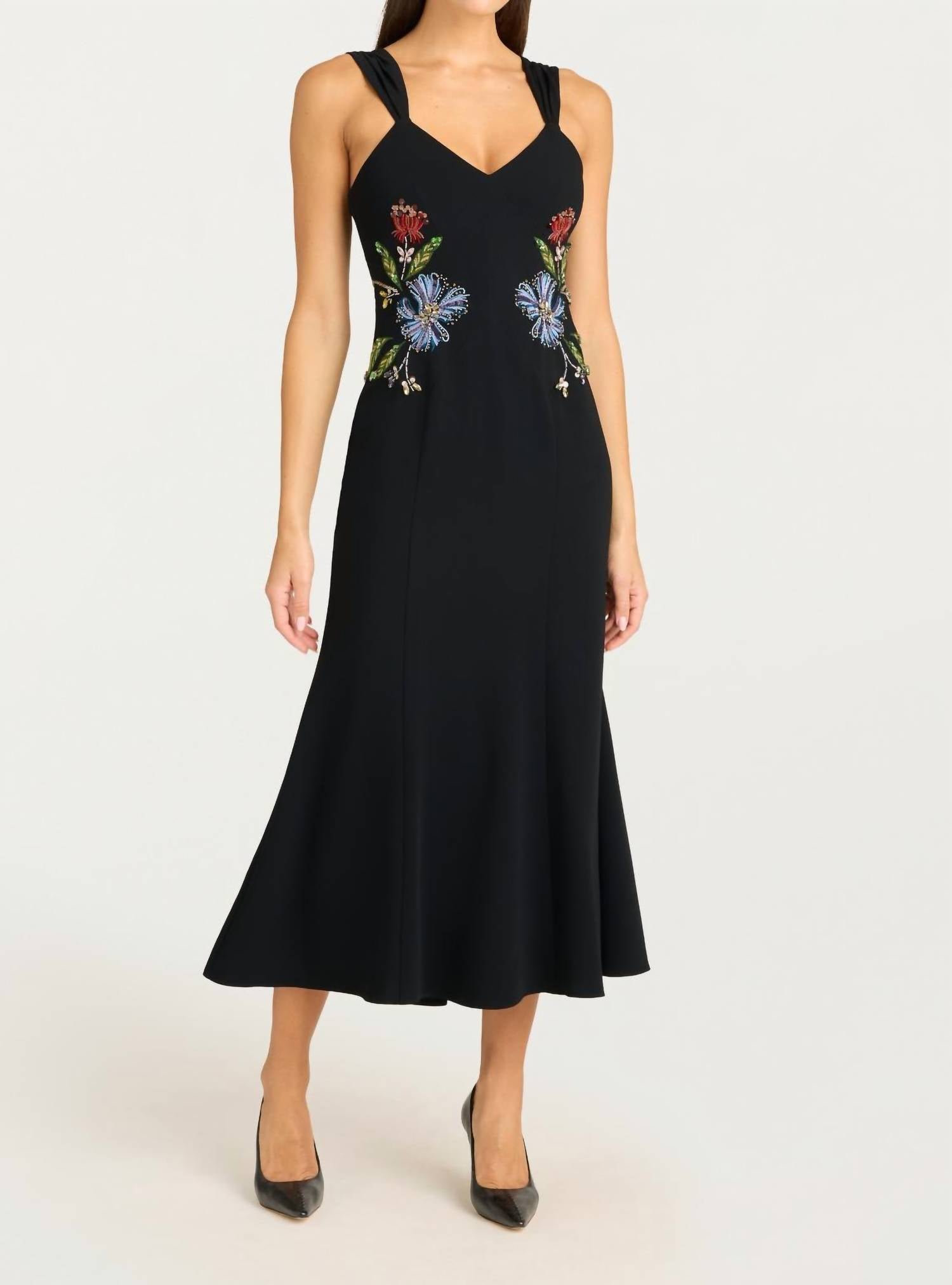cinq a sept Floral Mixed Media Andre Midi Dress in black multi - women's dress