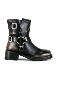 STEVE MADDEN Women's Brixton Buckle Engineer Boots in black distressed - women's shoe - detail view