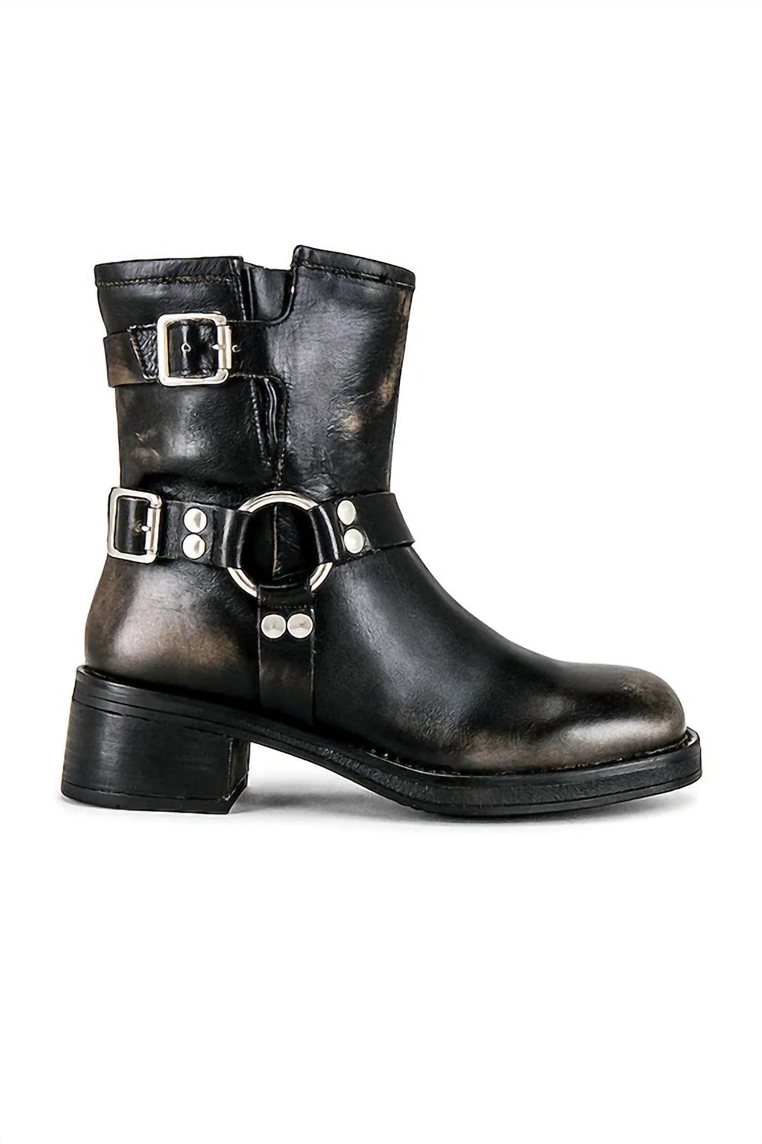 STEVE MADDEN Women's Brixton Buckle Engineer Boots in black distressed - women's shoe - detail view