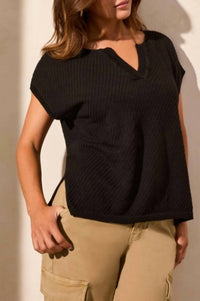 TRIBAL Slit V Neck Extended Shoulder Sweater Top in black - women's sweater - detail view
