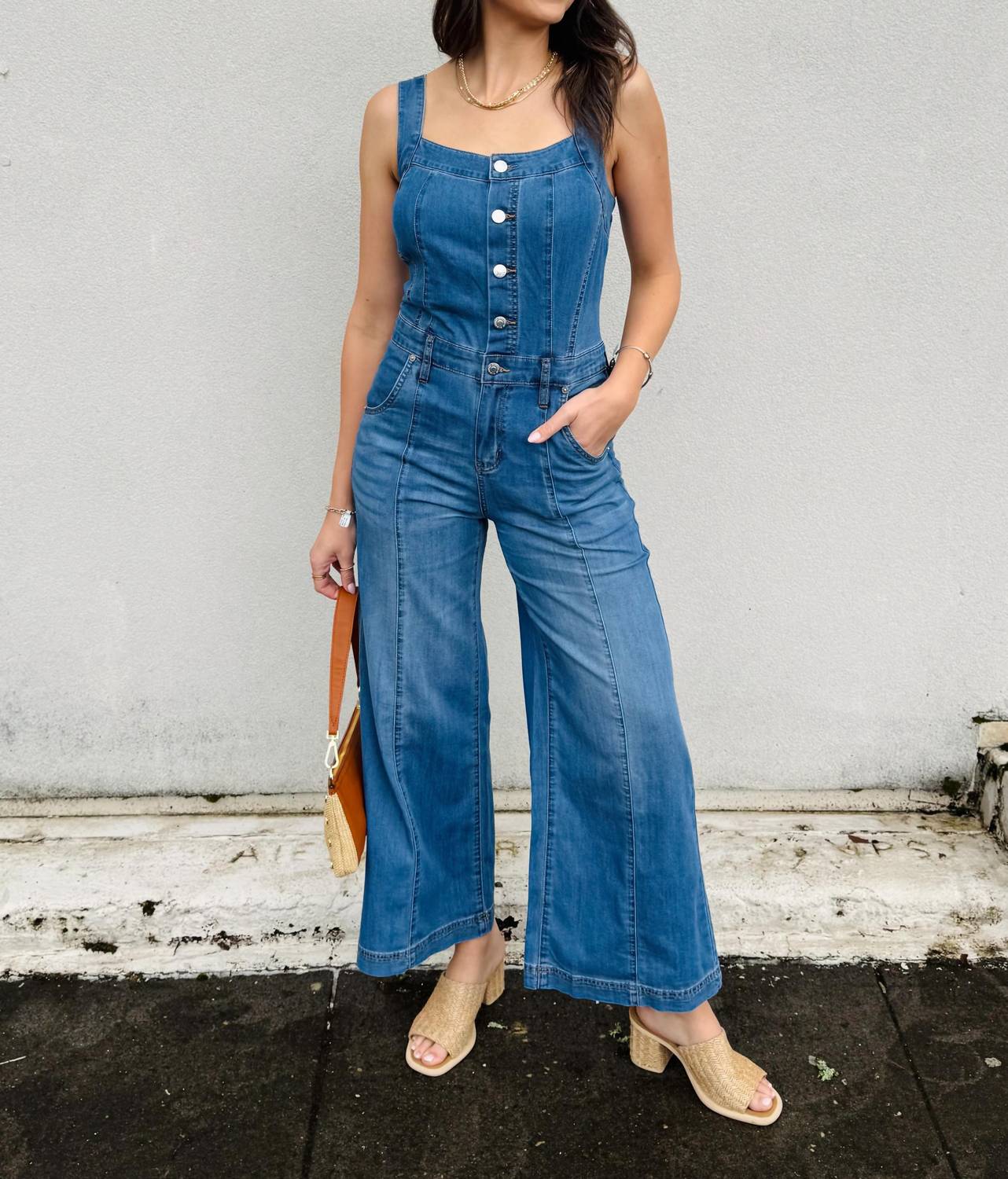 Tribal - Adjustable Shoulder Straps Wide-leg Jumpsuit