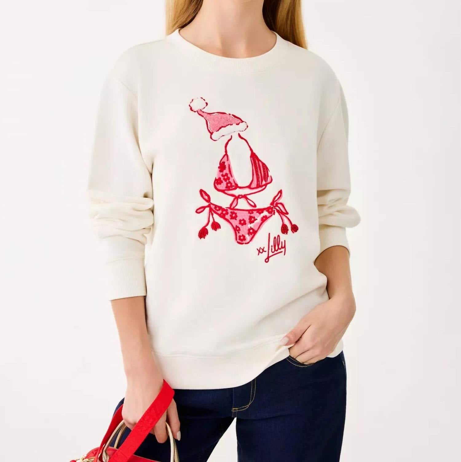 Lilly Pulitzer Ballad Cotton Sweatshirt in coconut festive frocks embellishement - women's top