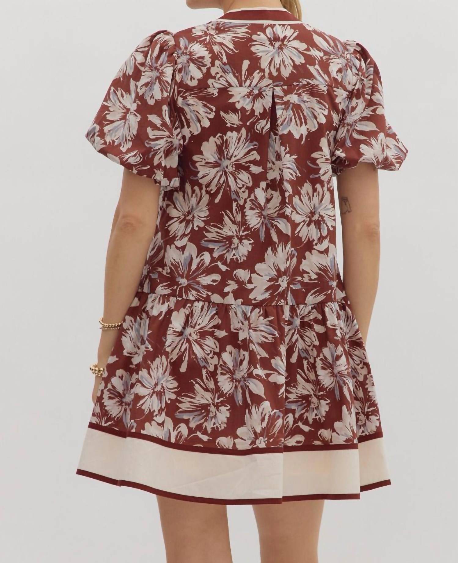 entro Blossoms Puff Sleeves Dress in burgundy - women's dress - detail view