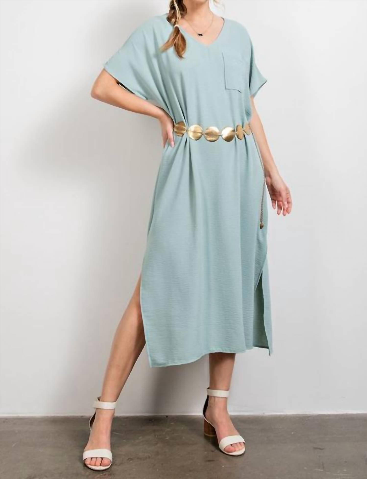 Easel Short Sleeve Crinkled Maxi Dress - Plus in aloe vera - women's dress