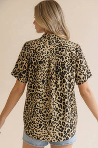 Haptics - Women's Mock Neck Half Band Button Down Leopard Top
