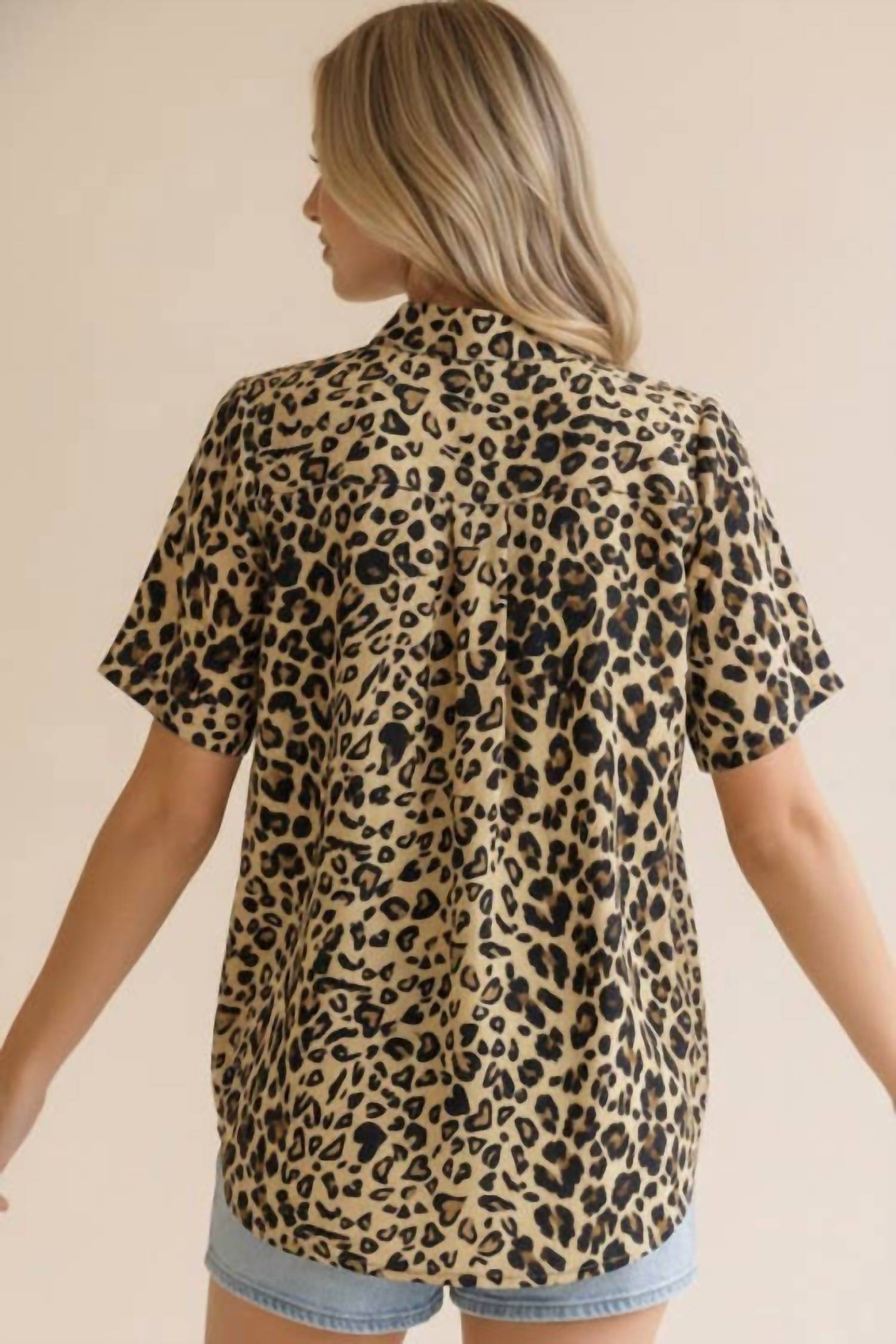 Haptics - Women's Mock Neck Half Band Button Down Leopard Top