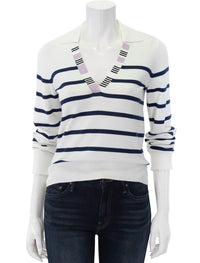 Atm - Cotton Blend Striped Split Collar Sweater