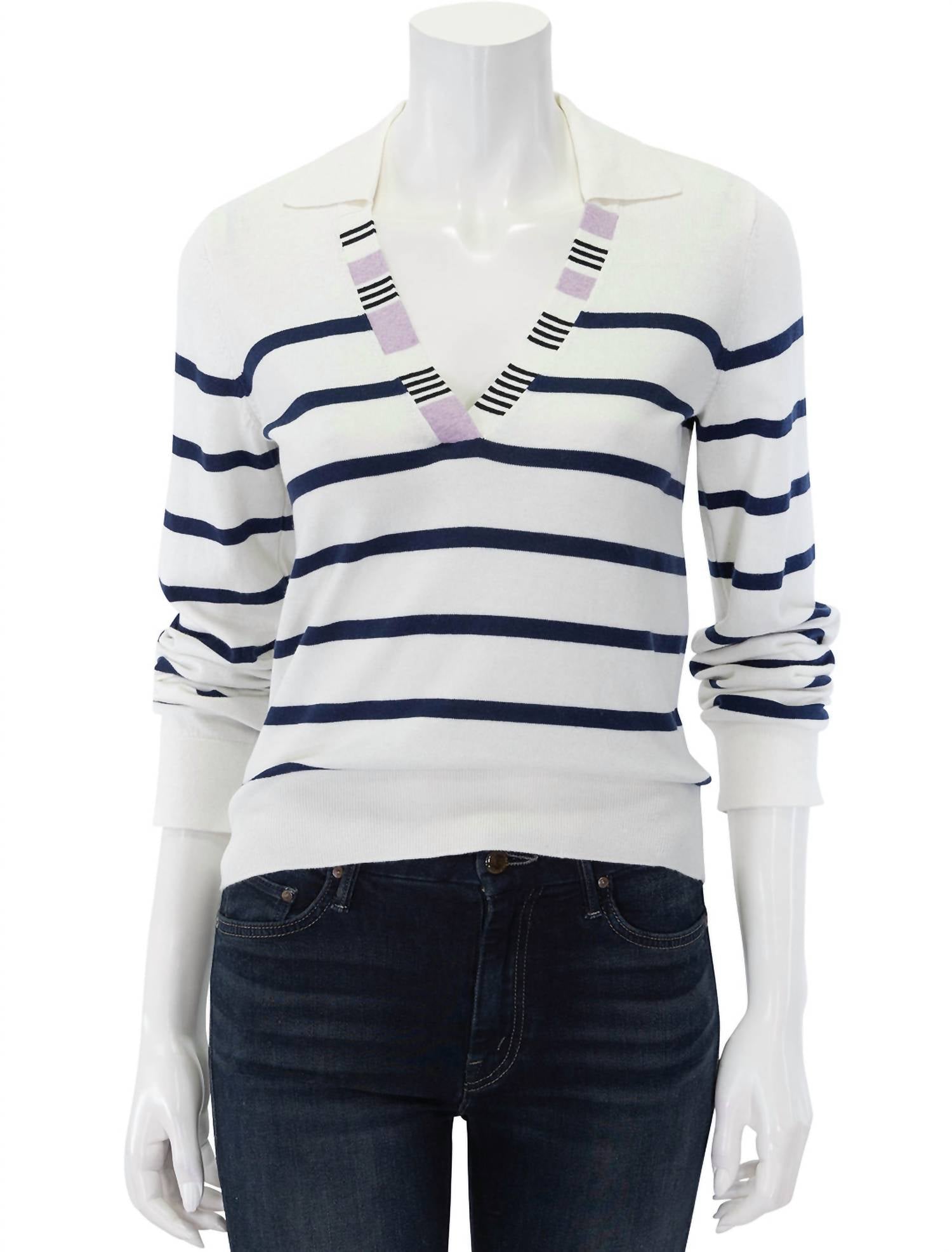 Atm - Cotton Blend Striped Split Collar Sweater