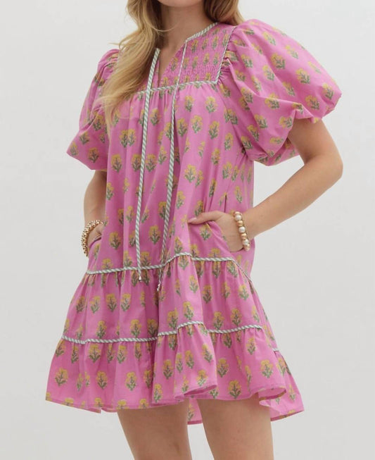 Entro - Floral Print Split Neck Dress