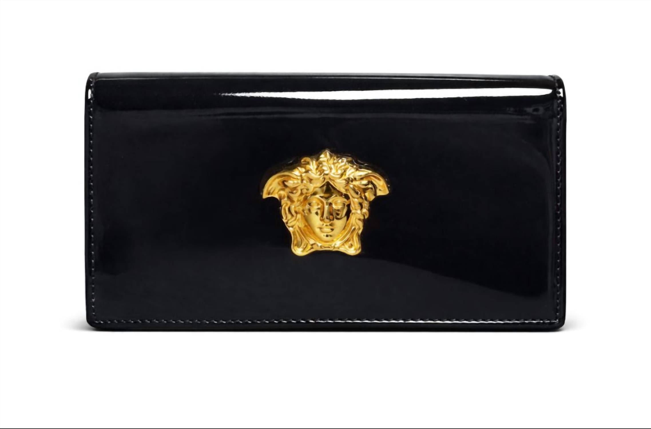 VERSACE Women's Medusa Patent-leather Clutch Bag in black with gold tone hardware - women's bag