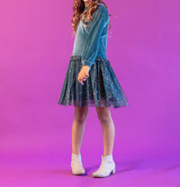 Deux Par Deux - Girl's Bi-material Velvet And Pleated Mesh Dress