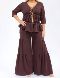Karen T Design - Hollow Lace Up Top And Spliced Wide Leg Pants