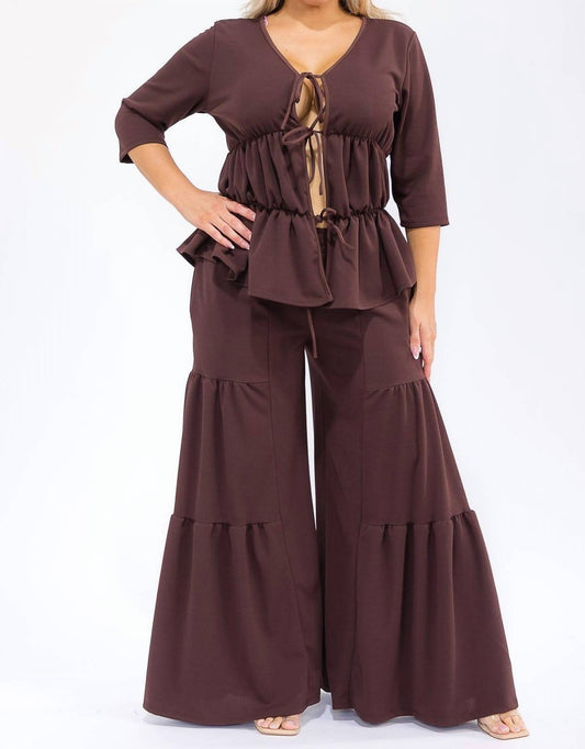 Karen T Design - Hollow Lace Up Top And Spliced Wide Leg Pants