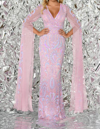 Aleta - Long Cape Sleeve Sequin Prom Dress