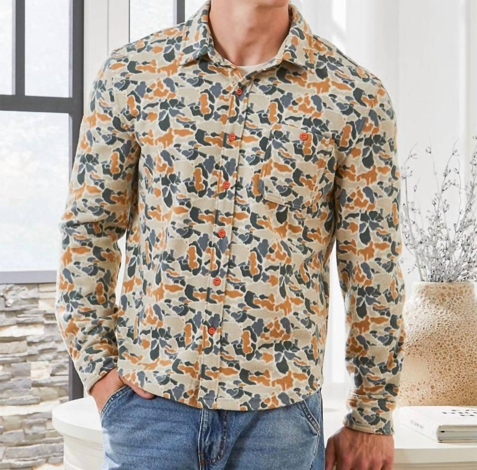 Simply Southern Deer Camo Brushed Fleece Shacket in beige - men's jacket