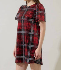 SUGARLIPS Sequin Plaid Mini Dress in red multi - women's dress - detail view