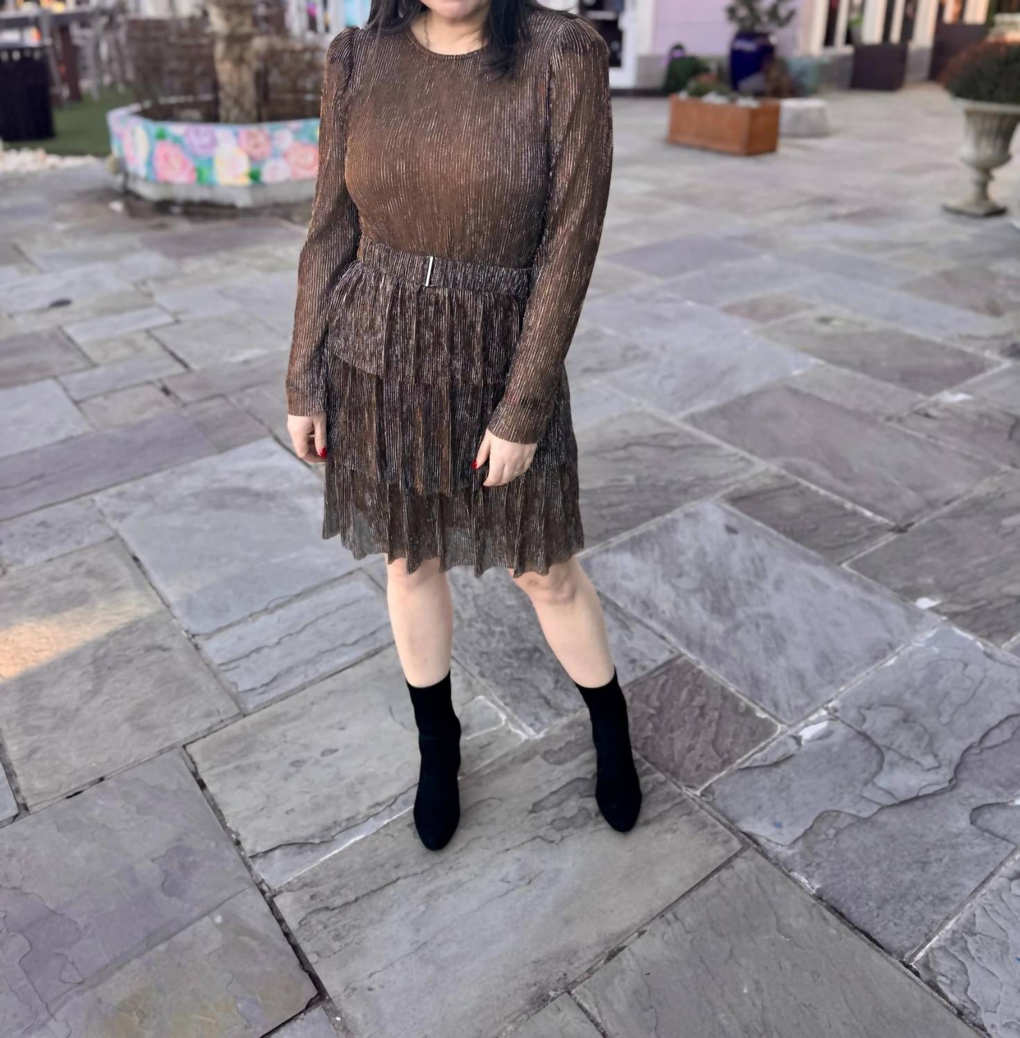 Kori - Soft Metal Lurex Pleated Fabric Self Layering Dress