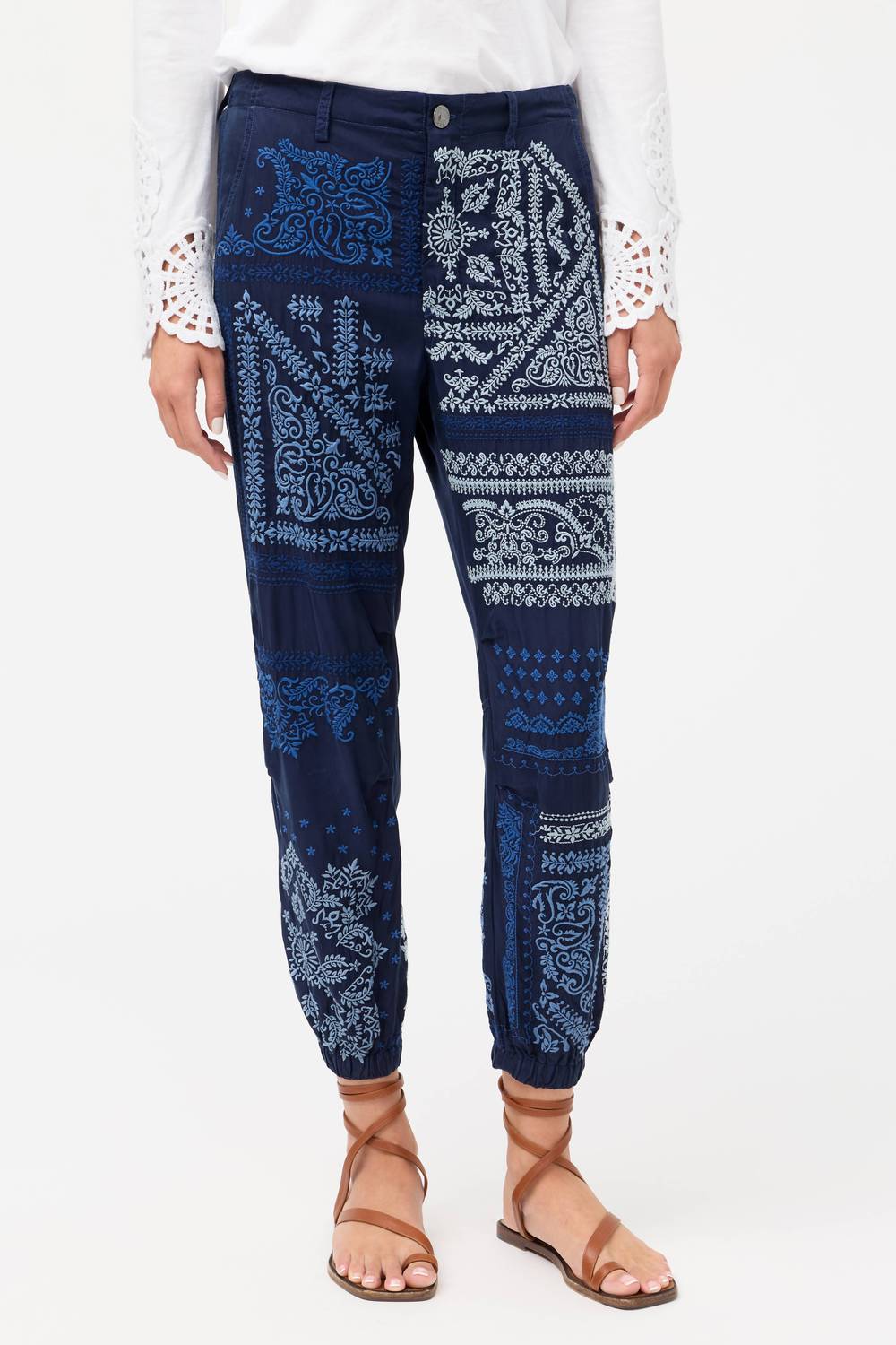 Johnny Was BANDANA EMBROIDERED PANT in blue night - women's pants - detail view