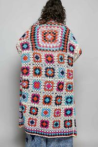 POL Long Sleeve Crochet Cardigan in beige multi - women's cardigan - detail view