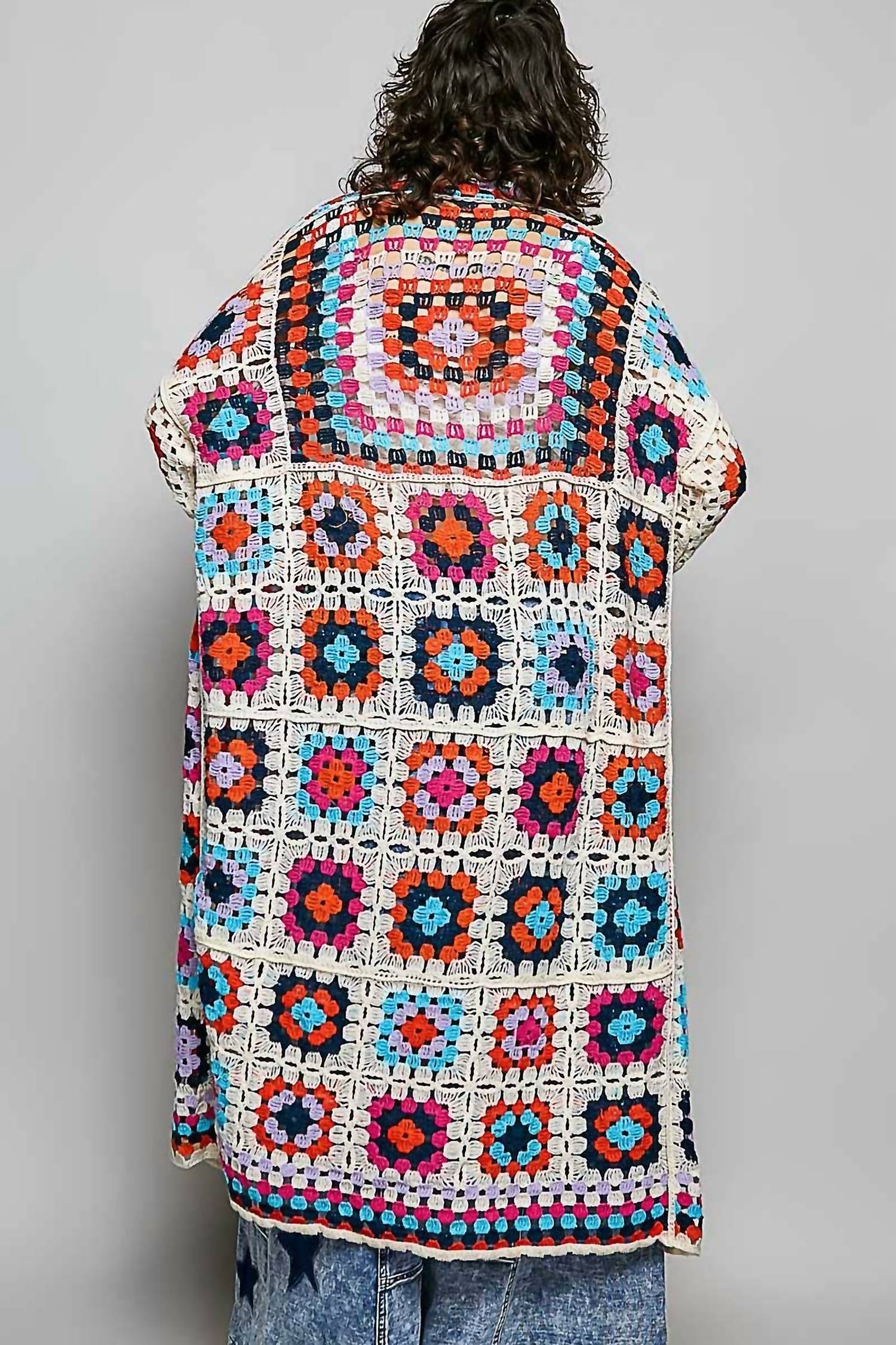 POL Long Sleeve Crochet Cardigan in beige multi - women's cardigan - detail view